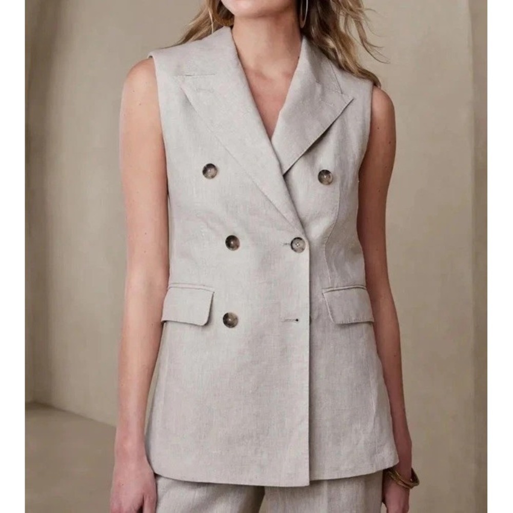 Banana Republic 100% Linen Sleeveless Double Breasted Long Vest Beige Womens 10
